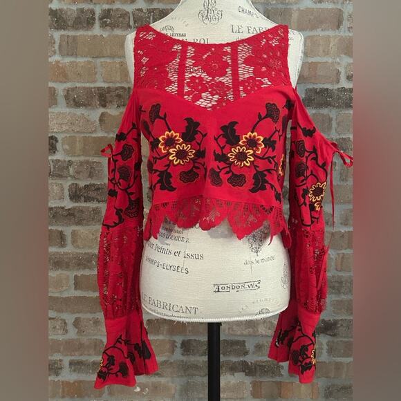 For Love & Lemons $211 Cecelia Crop Top Hot Red sunflower revolve embroidered L - Picture 2 of 10
